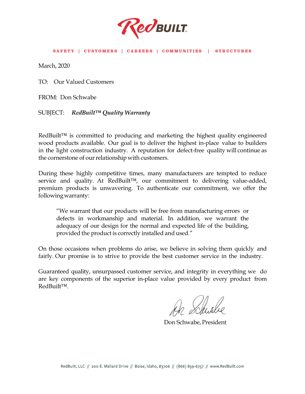 RedBuilt™ Product Warranty Letter Thumbnail