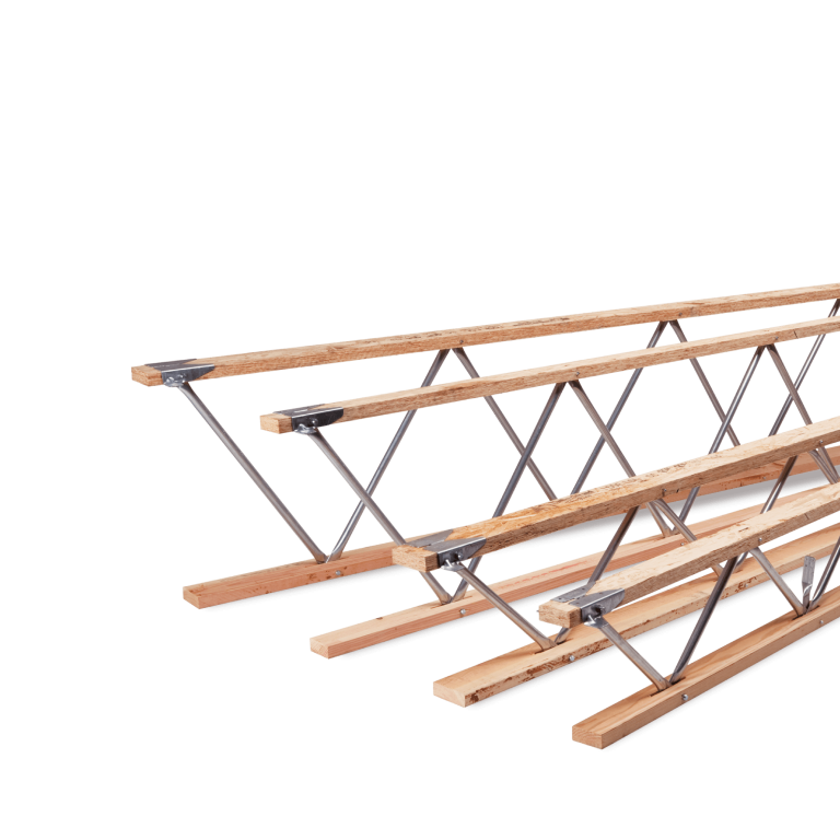 Four various sized open web trusses sit next to one another on a white background.