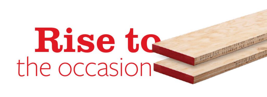 scaffold plank detail shot with "rise to the occasion" caption