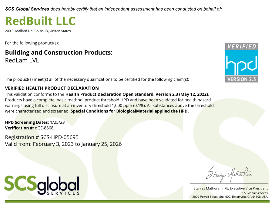 Health Product Declaration (HPD) – RedBuilt RedLam™ LVL Thumbnail