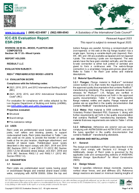 ICC-ES Report ESR-2994 with LABC Supplement: Red-I™ Prefabricated Wood I-Joists Thumbnail