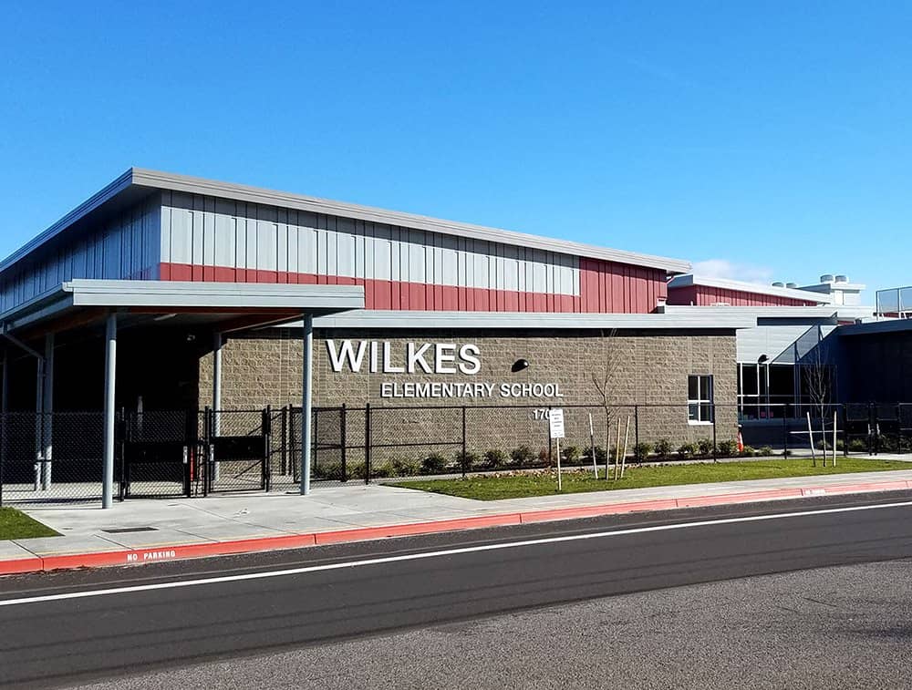 The Wilkes Elementary School built with LVL is seen in mid-day sunlight