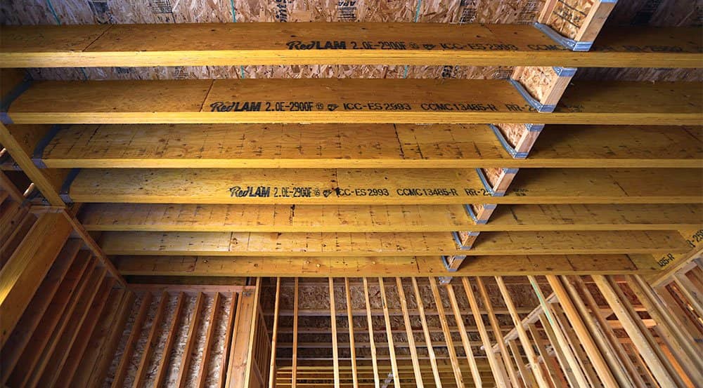 The interior of a building that features laminated veneer lumber