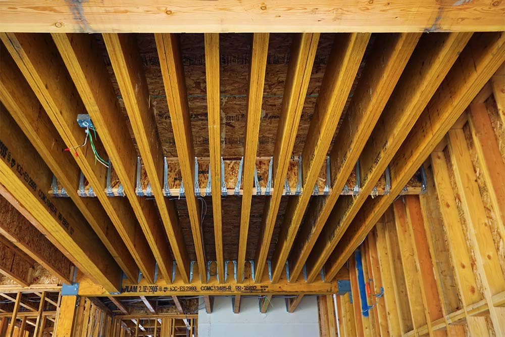 The interior of a building that features laminated veneer lumber
