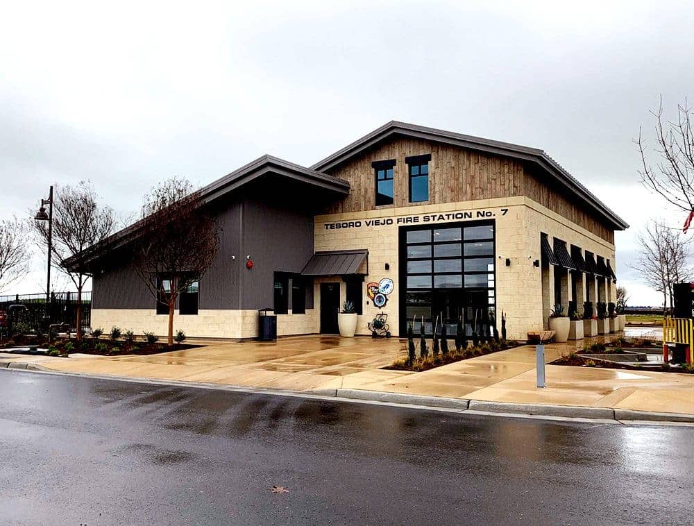 A fire station built with LVL stands in overcast weather