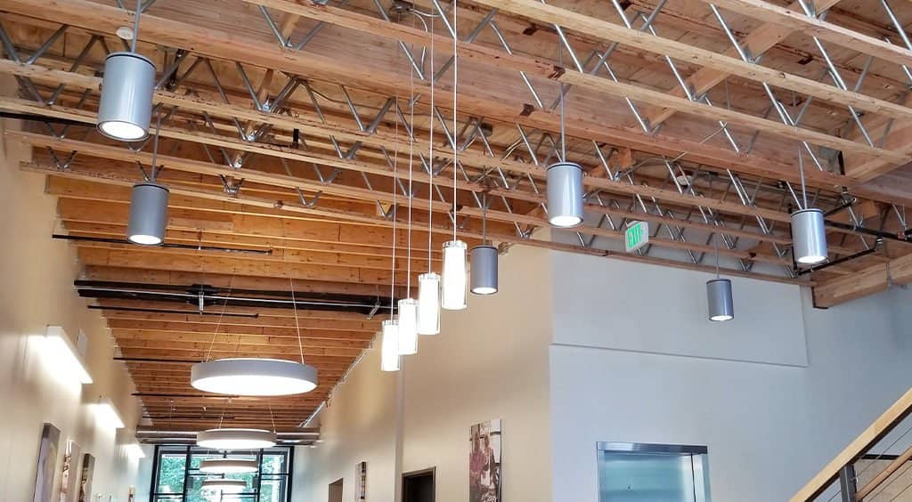 Interior of Hopelink food bank showing exposed roof trusses