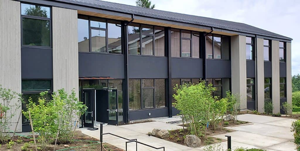 The entrance to a sustainably built school