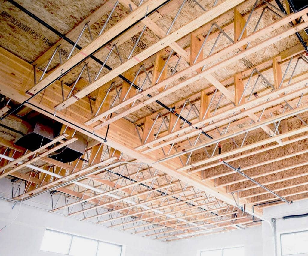 Both glulam and open web trusses are seen in this exposed space