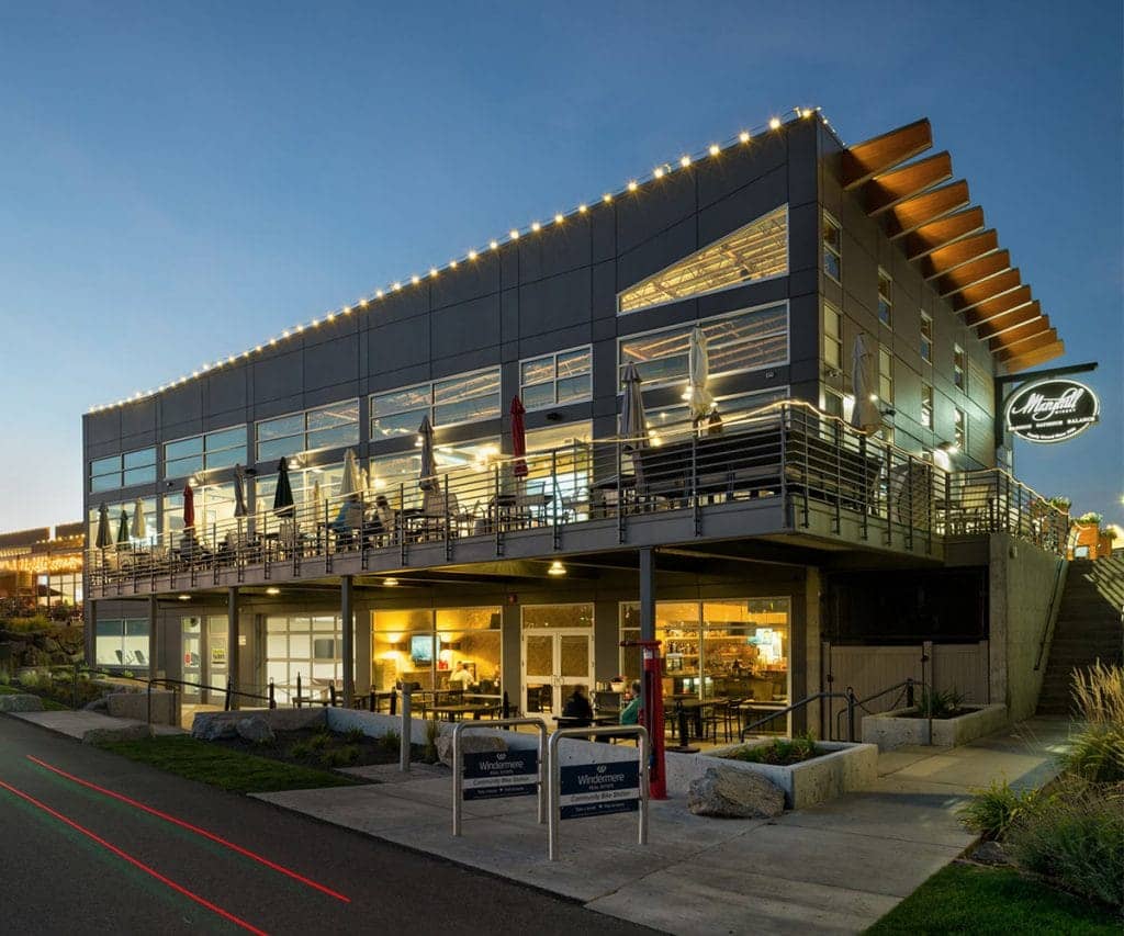 A restaurant that's freshly built with laminated veneer lumber