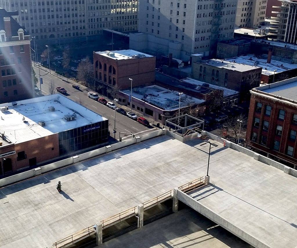 A drone photo of a parking garage after concrete forming