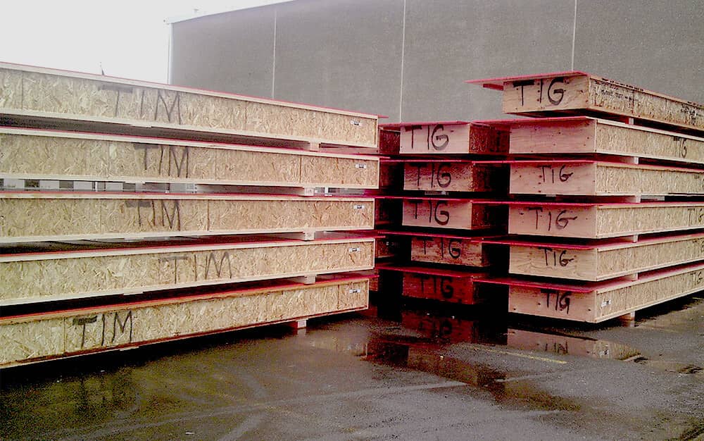 Stacks of prefabricated concrete forming tables