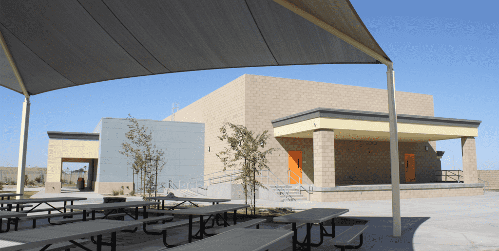 The exterior courtyard of an school with RedBuilt open web trusses