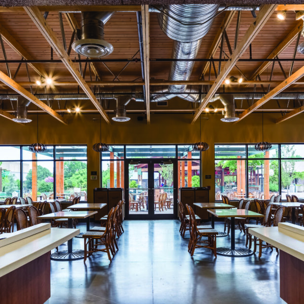 cafe with exposed open web trusses