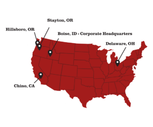 Map of the united states showing the locations of RedBuilt offices and design centers. Locations are: Hillsboro Oregon, Stayton Oregon, Boise Idaho (Corporate Headquarters), Delaware Ohio, and Chino California.